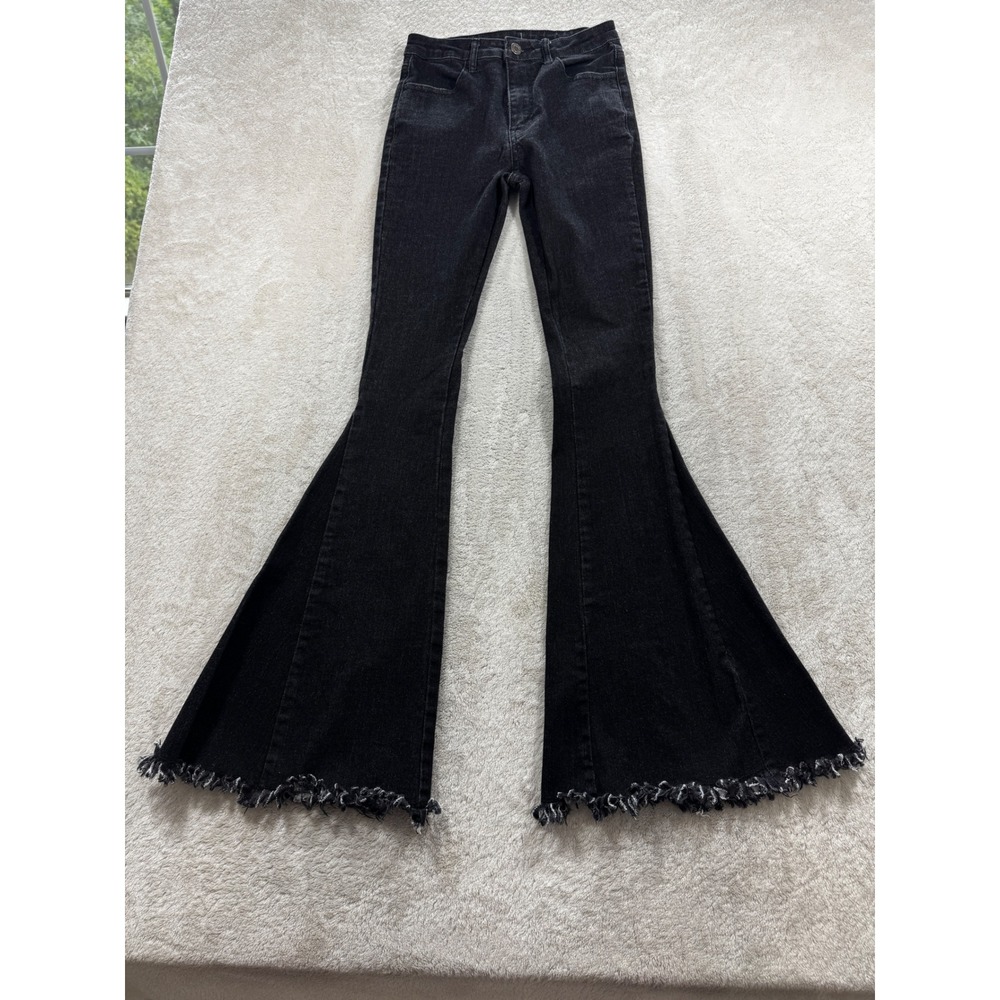 Altar'd State Womens Flare Raw Hem Stretch Black Denim Jeans XS Meas: 24x34